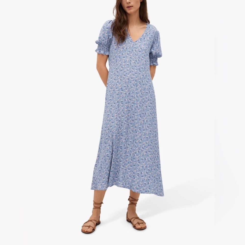 Mango Blue Floral Tie Waist Midi Dress